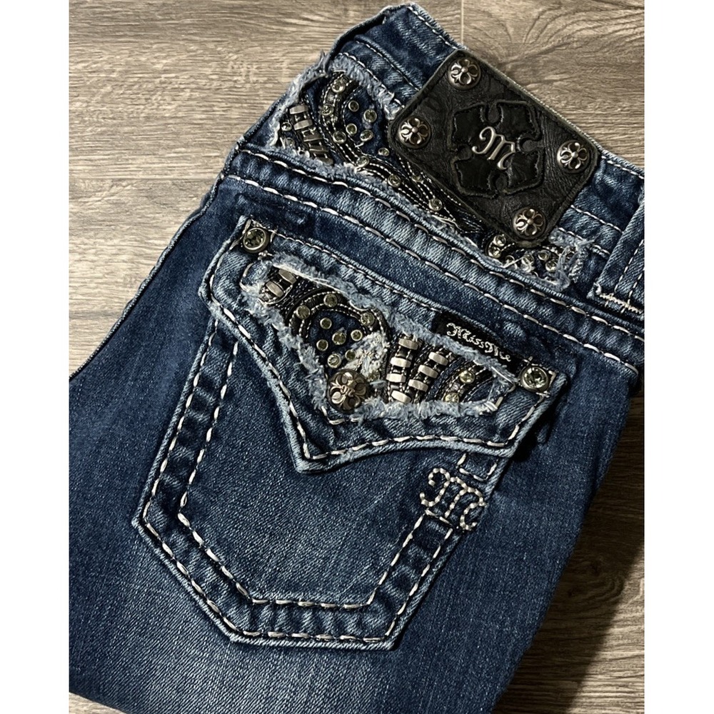 Miss Me Metal Studded Metallic Flap Pocket Low Rise Skinny Jeans SZ 26 (27x31)